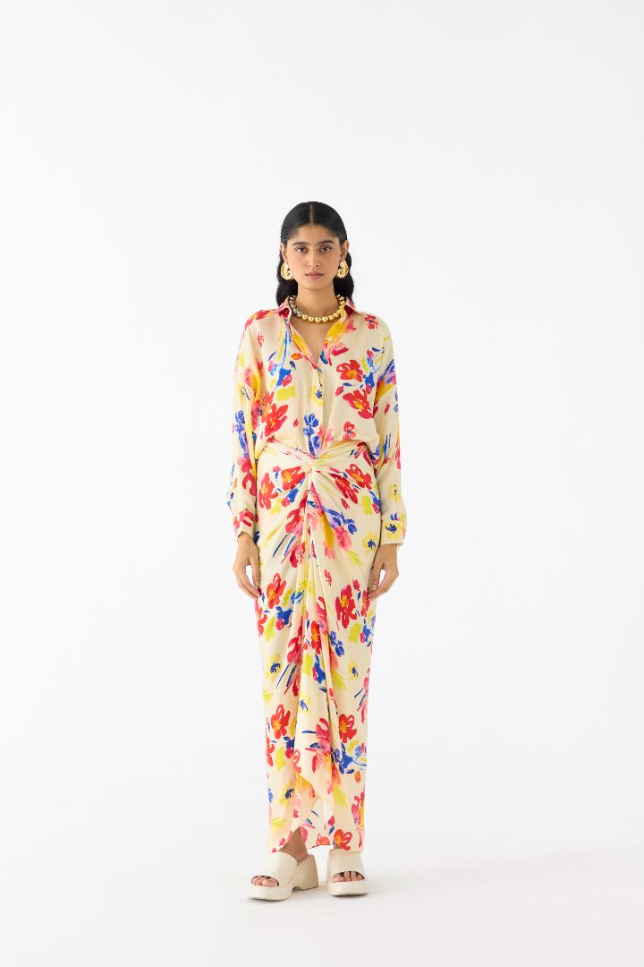 multicoloured printed draped dress