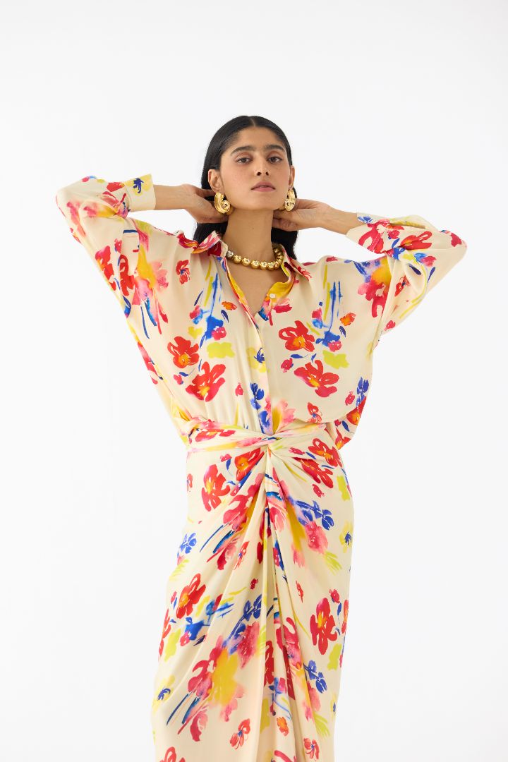 multicoloured printed draped dress