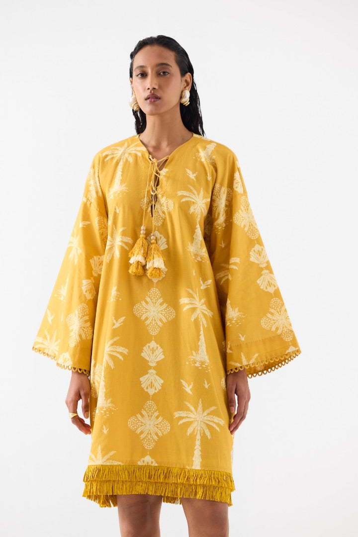 Yellow Palm Bell Sleeves Dress | Cotton | printed | summer | resort