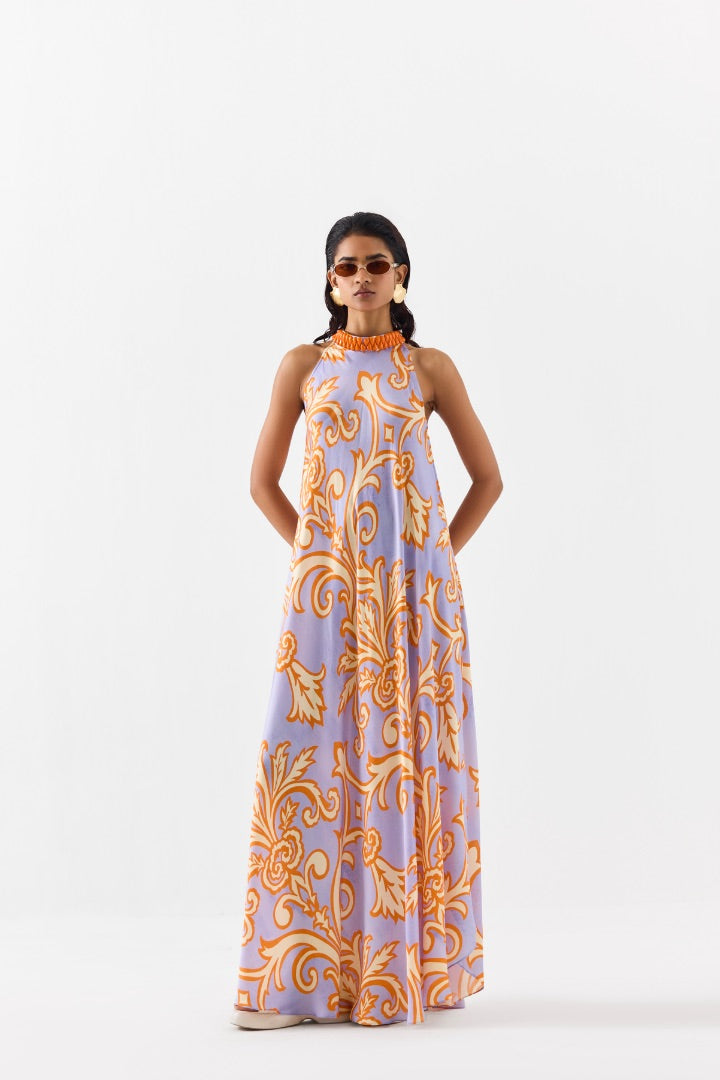 Purple Printed Halter Dress | Multicolour | Silk | Summer | Travel | Resort
