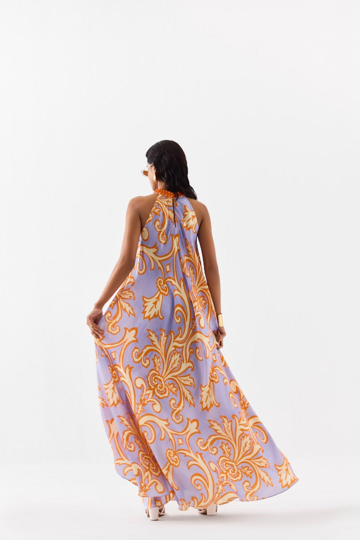 Purple Printed Halter Dress | Multicolour | Silk | Summer | Travel | Resort