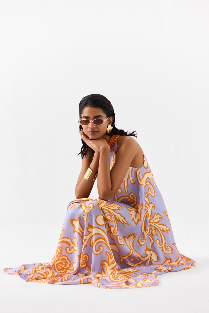 Purple Printed Halter Dress | Multicolour | Silk | Summer | Travel | Resort