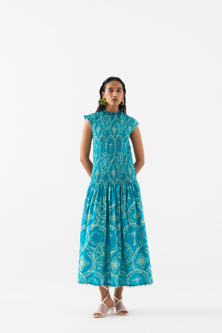 Turquoise Blue Ruching Dress \ printed \ cotton \ travel \ summer 