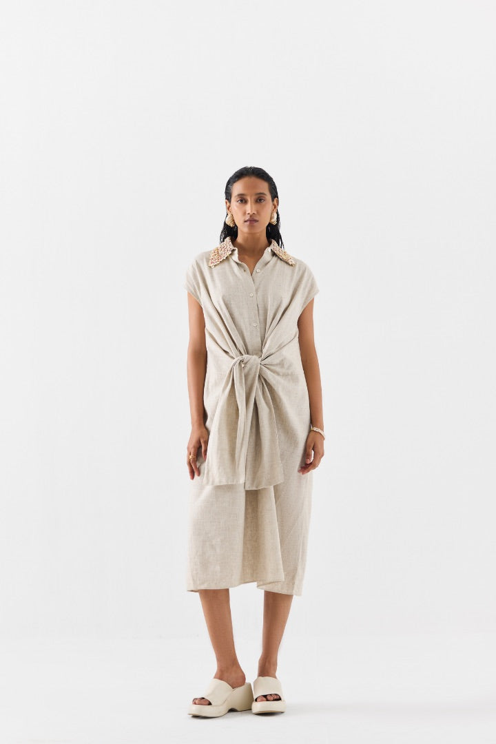 Natural Beige Knot Dress | Vegan Silk | Hand Embroidery