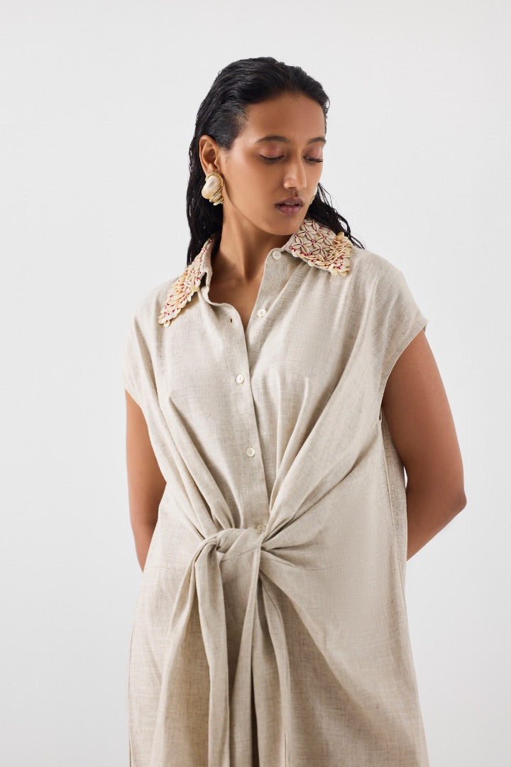 Natural Beige Knot Dress | Vegan Silk | Hand Embroidery