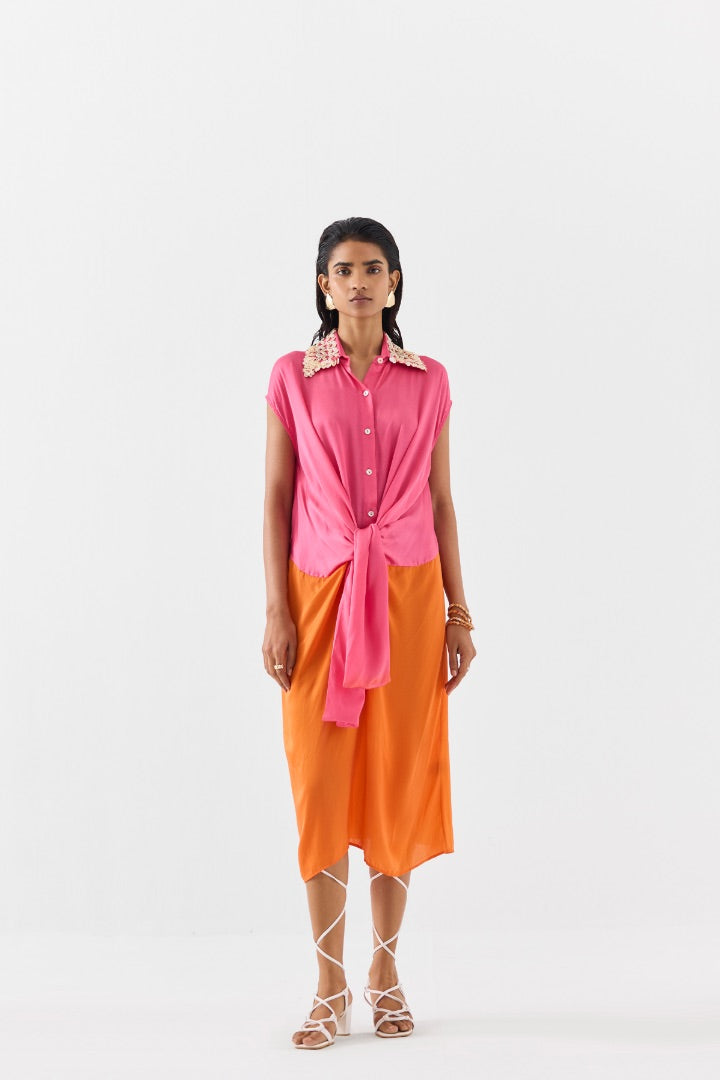 Pink & Orange Knot Dress | Vegan Silk | Hand Embroidery
