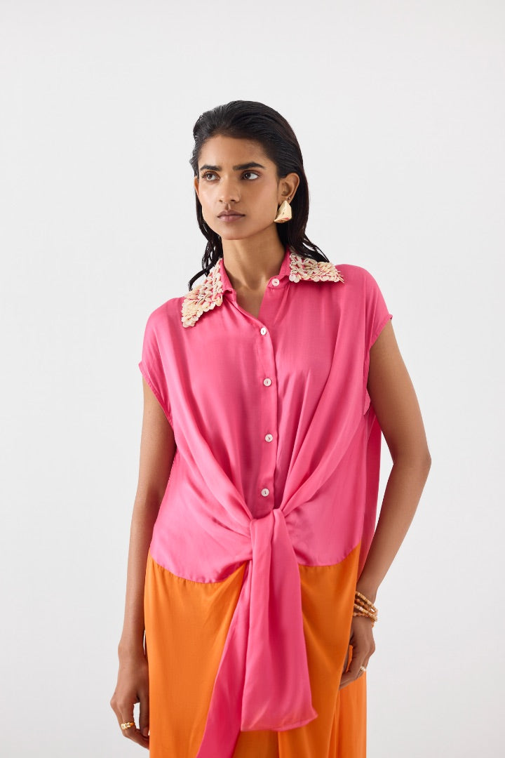 Pink & Orange Knot Dress | Vegan Silk | Hand Embroidery