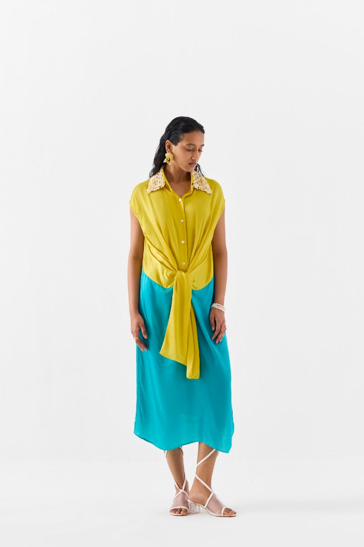 Yellow & Blue Knot Dress | Vegan Silk | Hand Embroidery