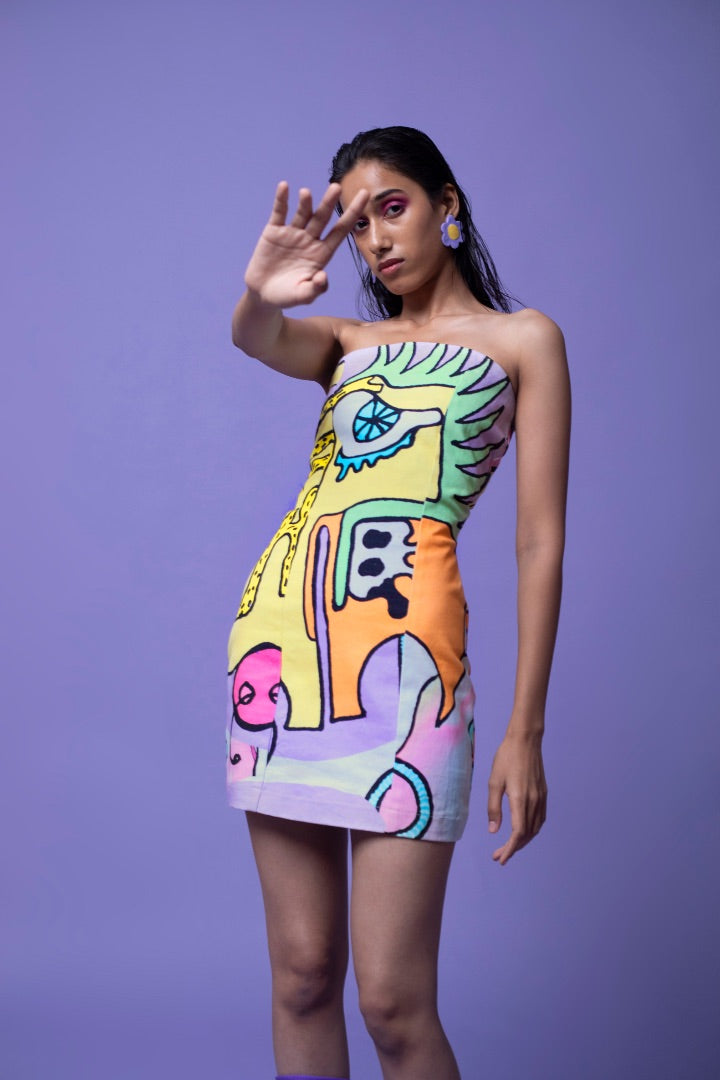 multi-color tube mini dress | printed | denim | bold 