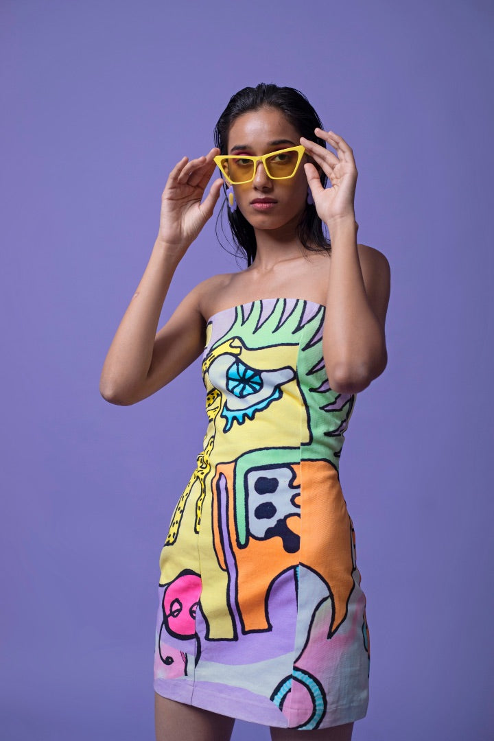 multi-color tube mini dress | printed | denim | bold 