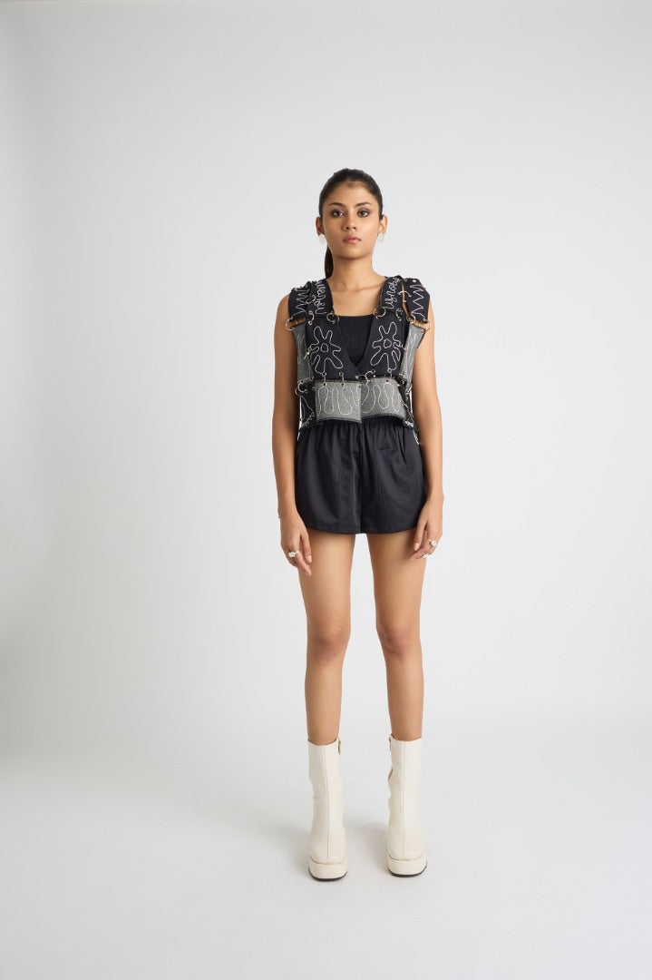 black denim embroidered vest
