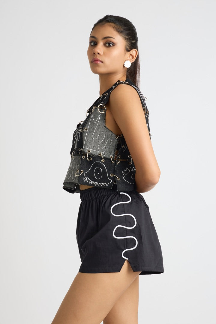 black denim embroidered vest
