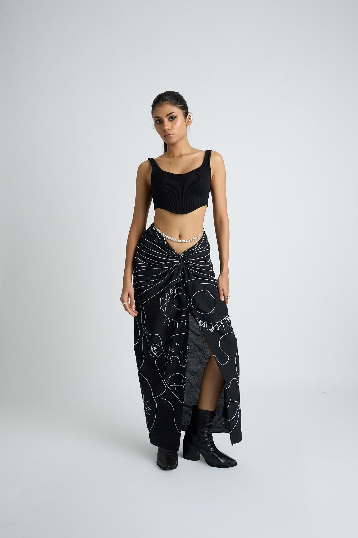 black draped skirt | embroidery | mulmul 