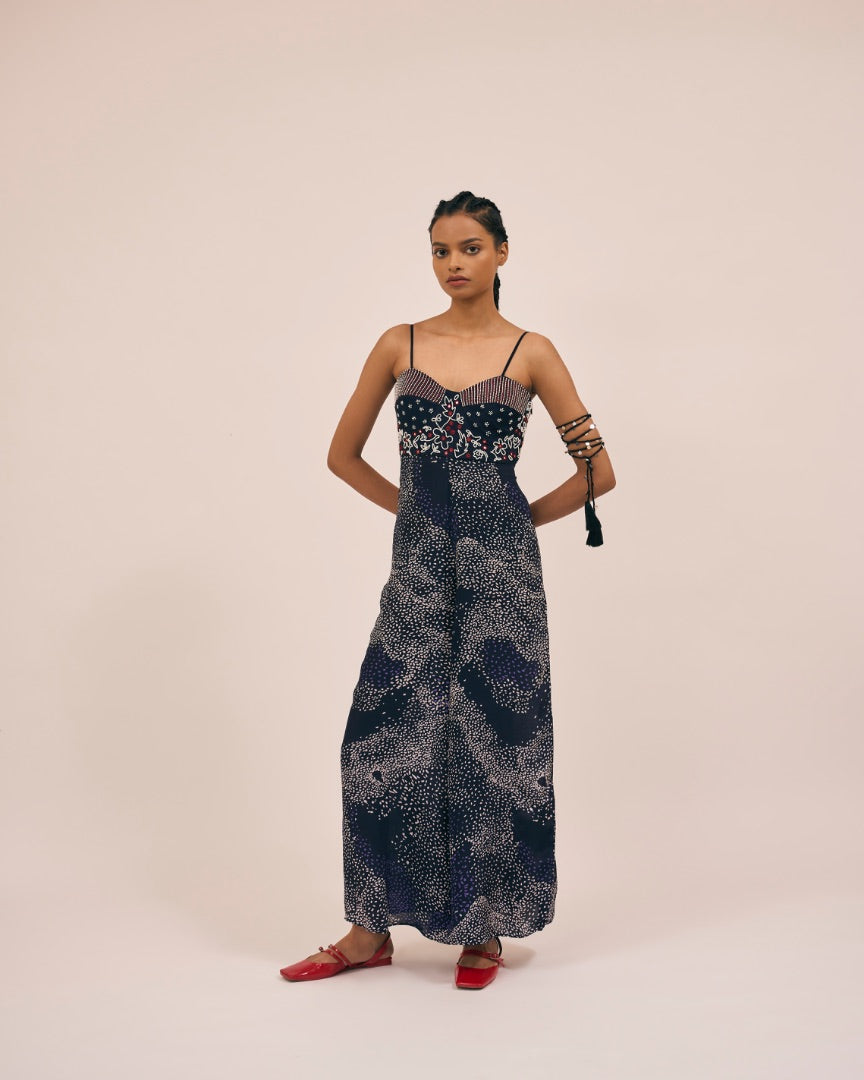 printed & embroidered jumpsuit | strappy | silk | flowy