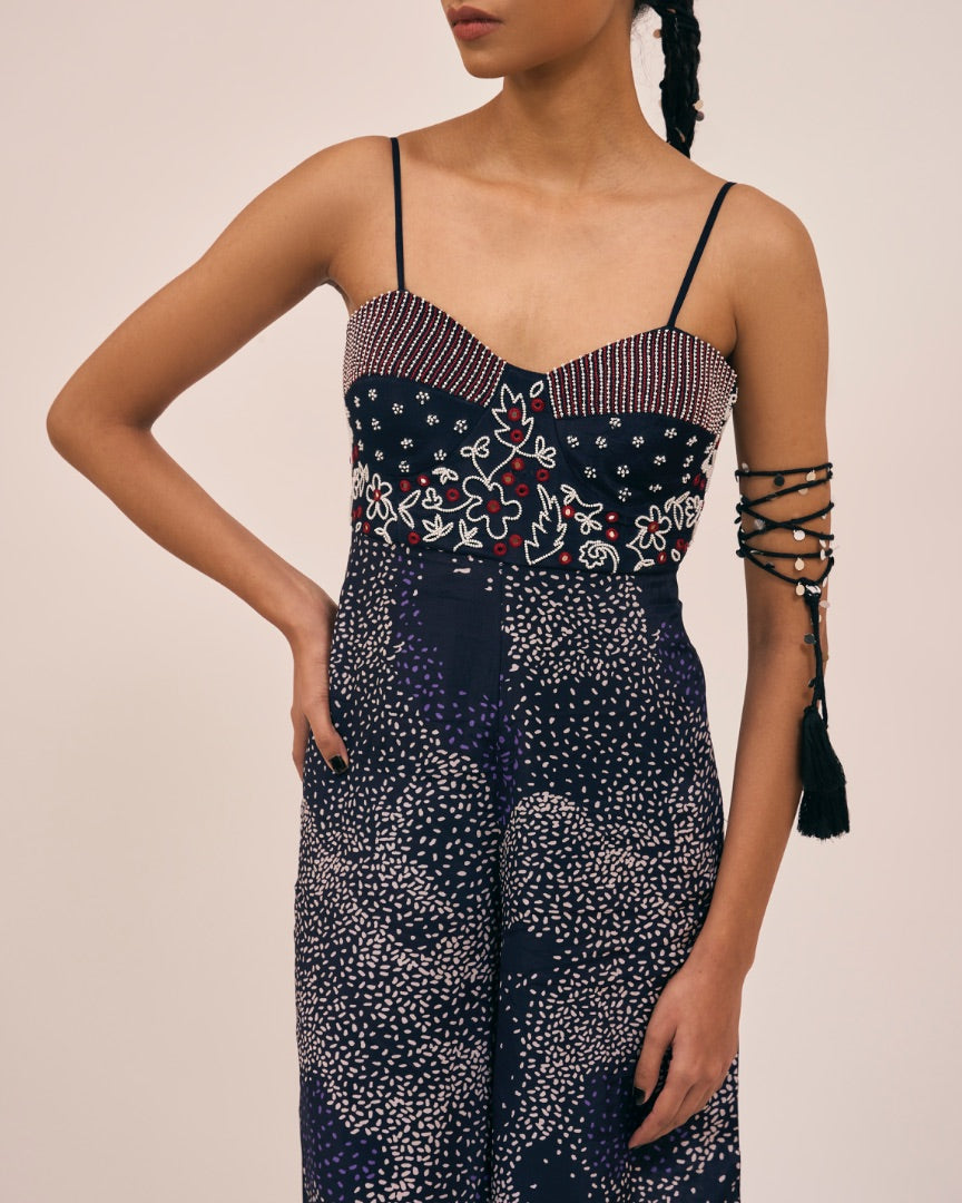 printed & embroidered jumpsuit | strappy | silk | flowy