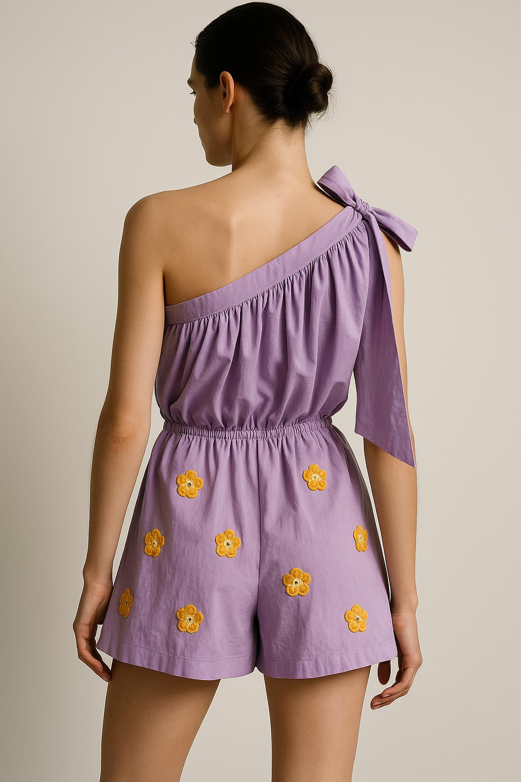 Lilac Poplin Romper with Crochet Flowers
