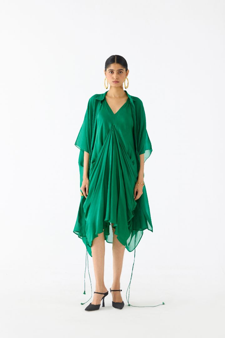 Emerald Midi Dress with Organza Cape