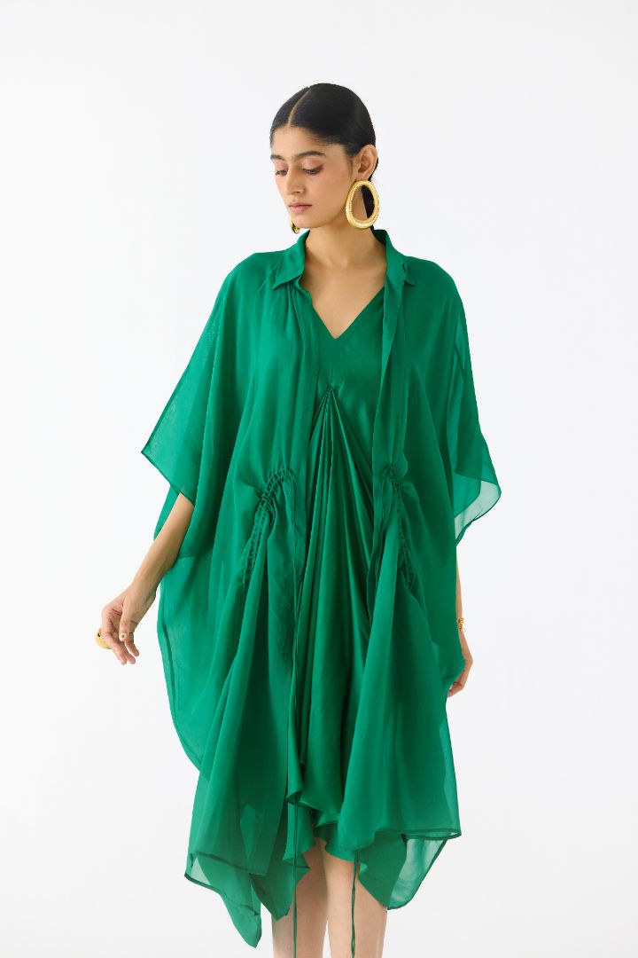 Emerald Midi Dress with Organza Cape close up