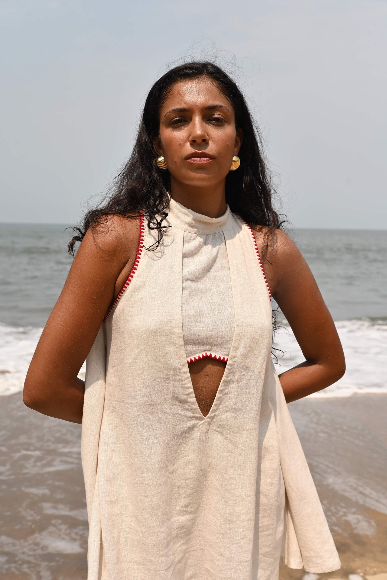 beige backless linen top 