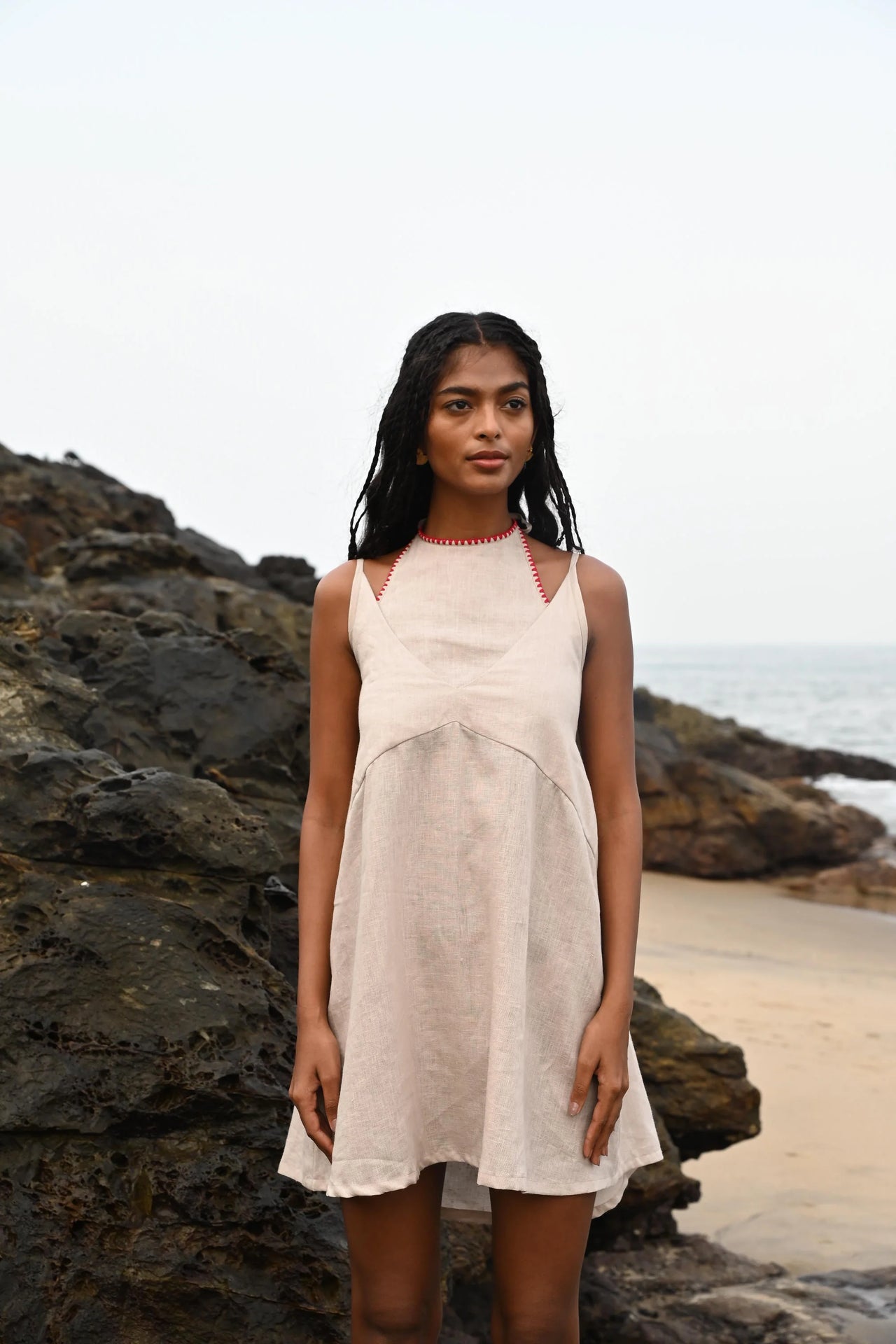 beige linen tie-up mini dress | summer