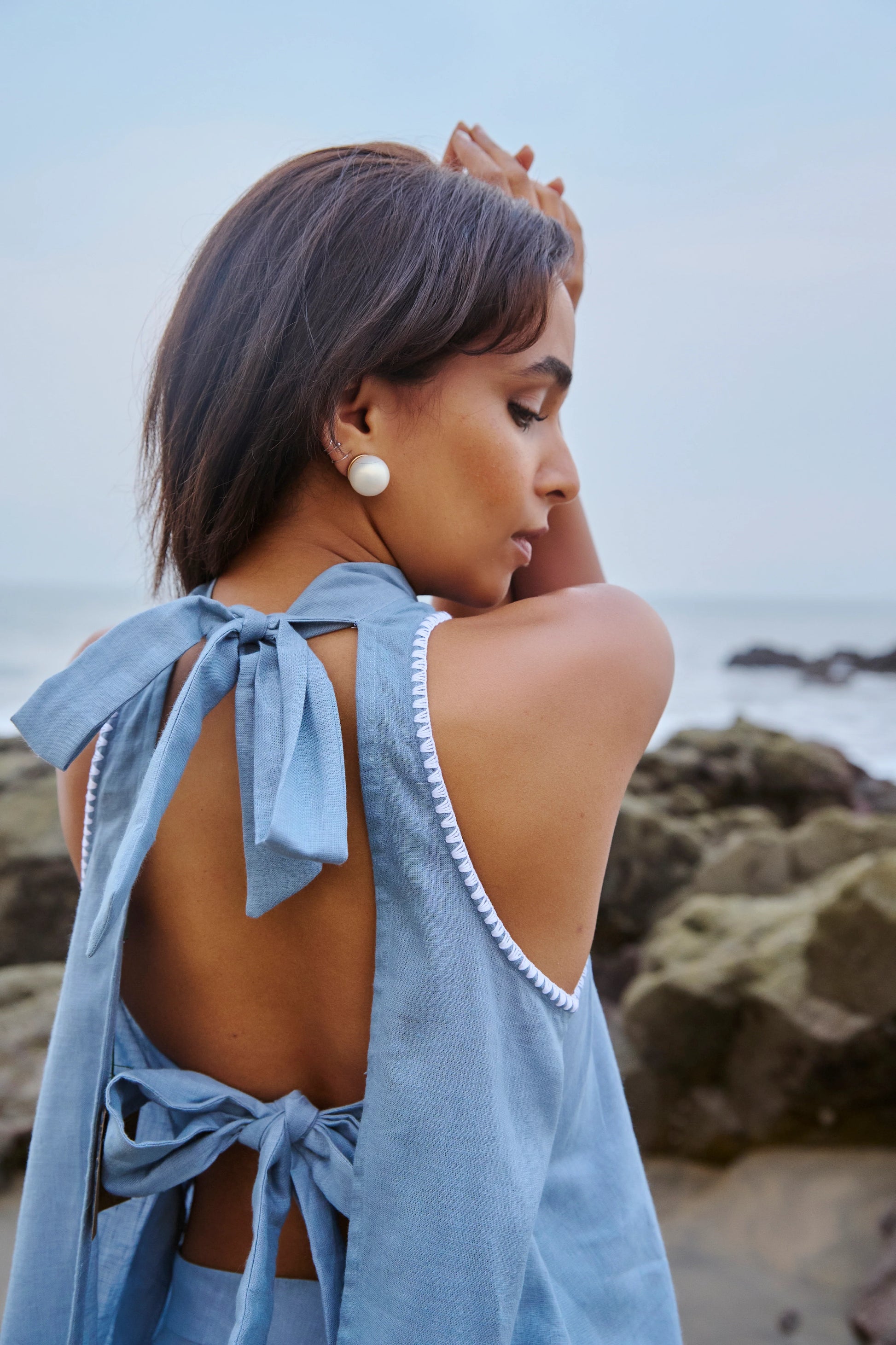 blue backless linen top 