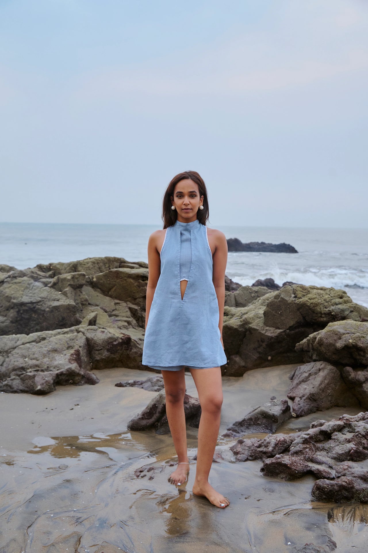blue backless linen top 