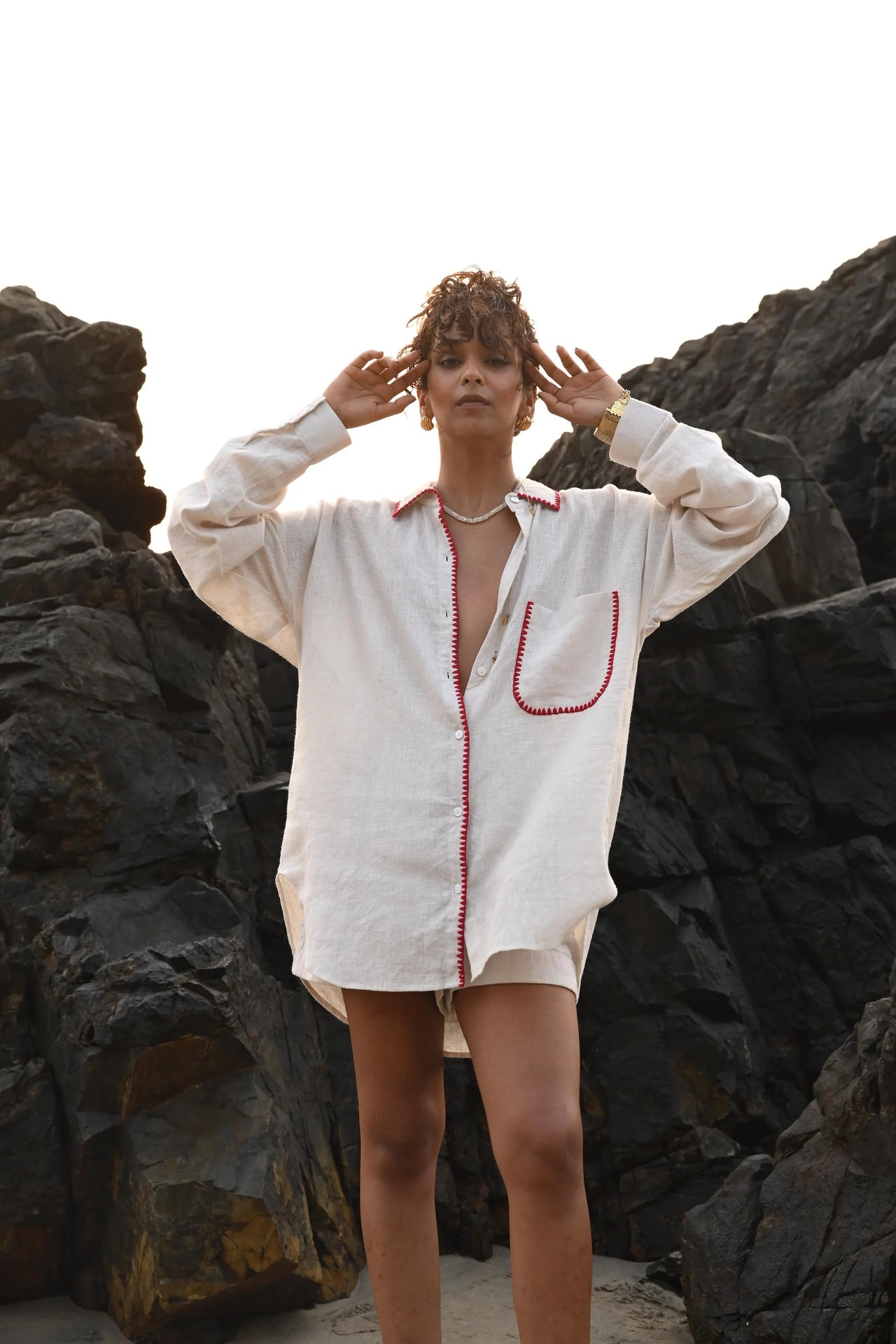 beige embroidered linen shirt