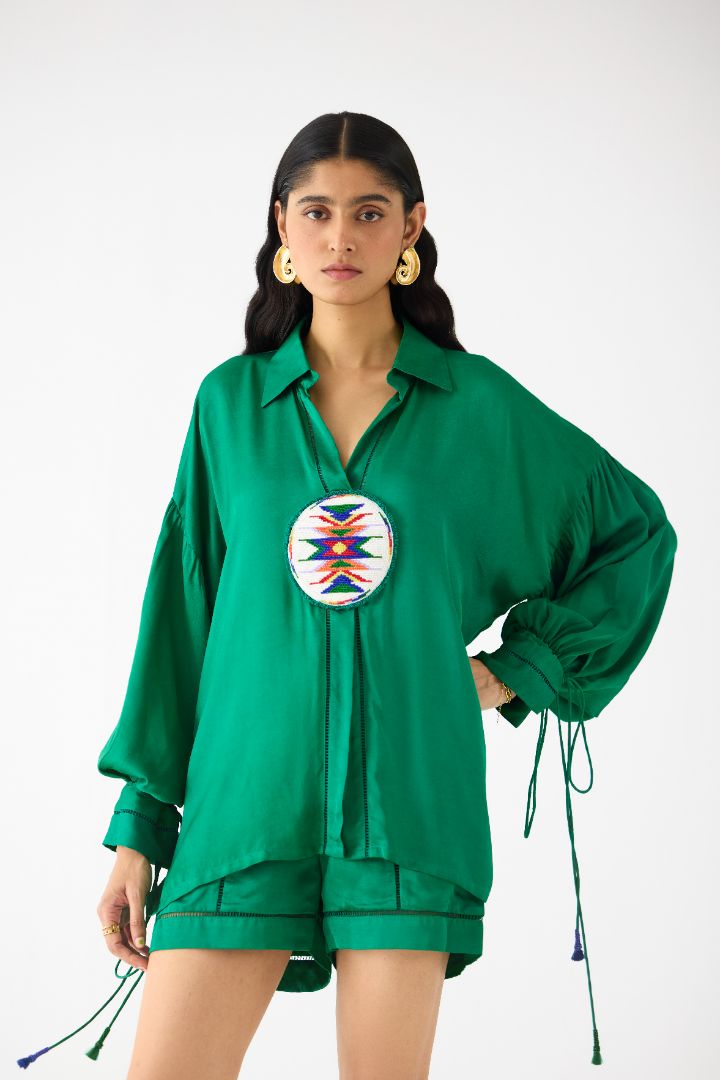  Linen Shirt and Shorts Set - Green