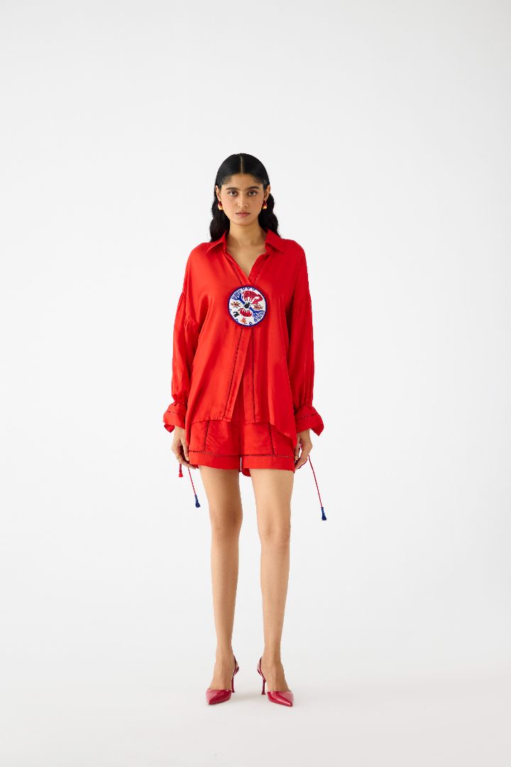  Linen Shirt and Shorts Set - Red
