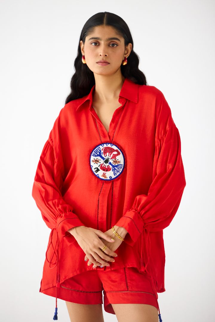  Linen Shirt and Shorts Set - Red 