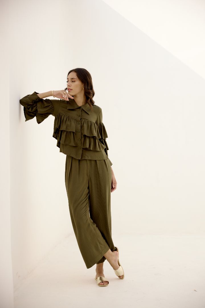 Olive Green Ruffles Top FS