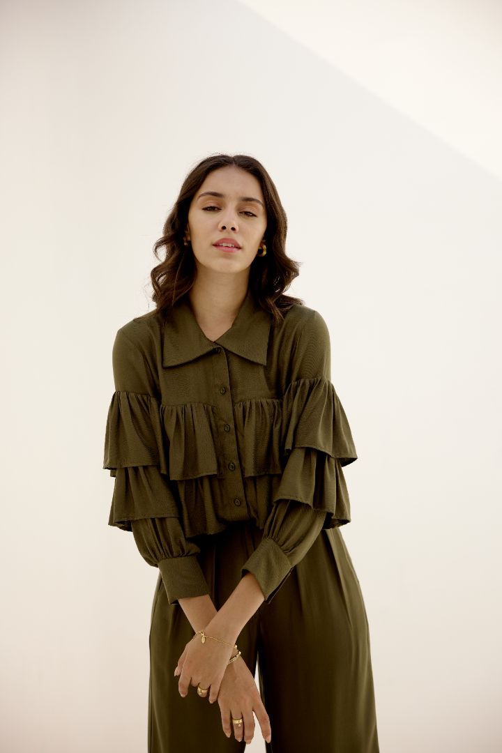 Olive Green Ruffles Top close up