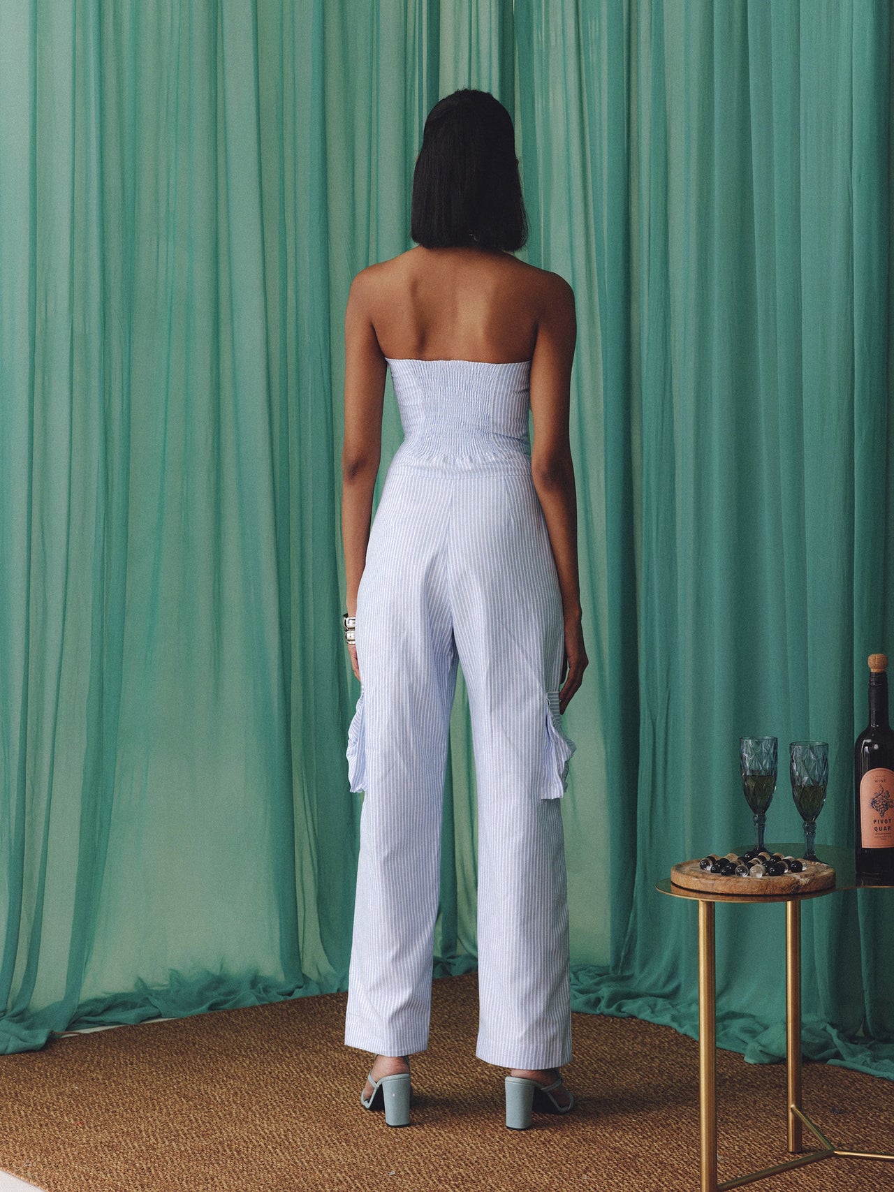 blue pinstriped cotton jumpsuit
