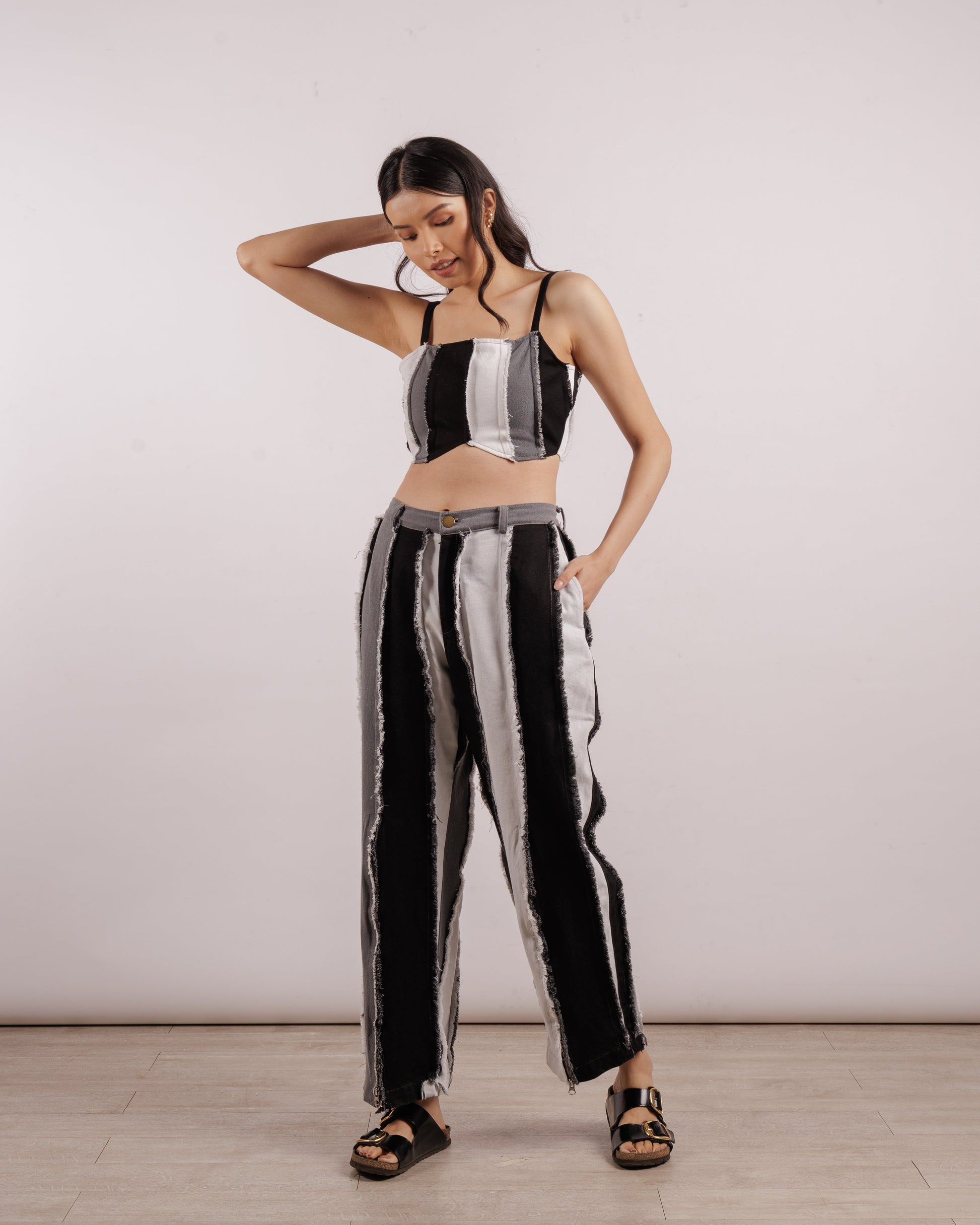 Striped Denim Top - Black | Corset | Panel