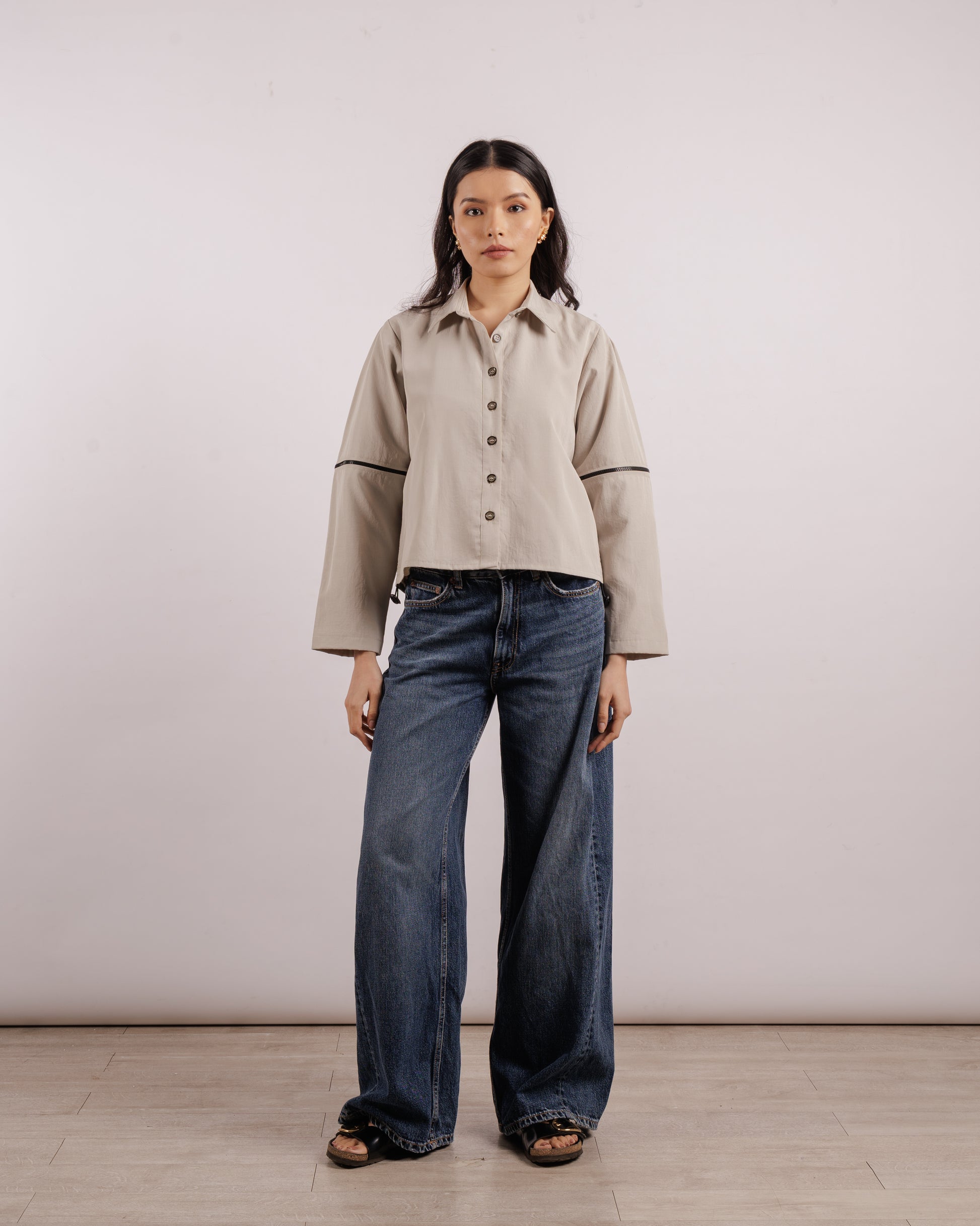 Grey Snap On Sleeves Shirt - Convertible