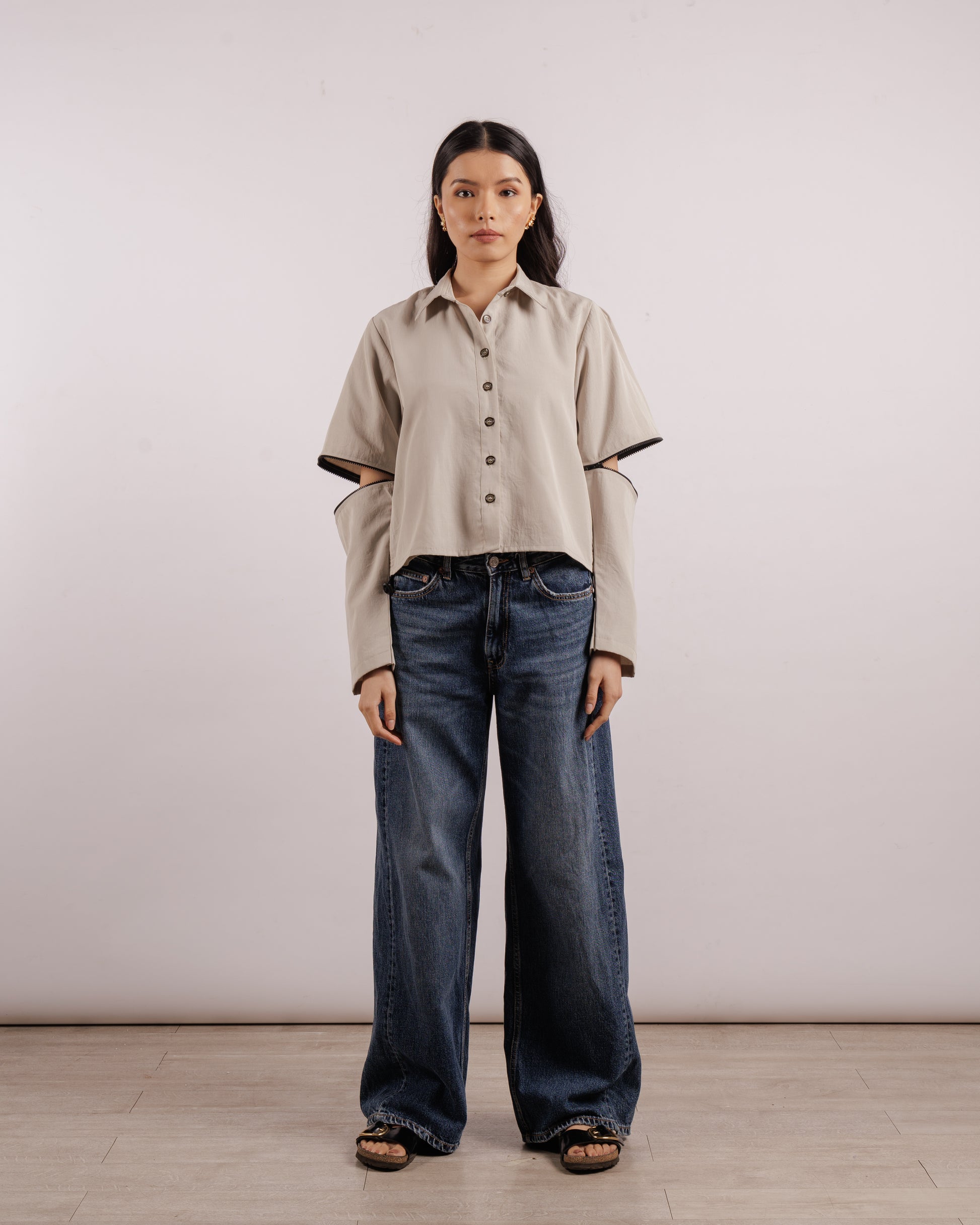 Grey Snap On Sleeves Shirt - Convertible