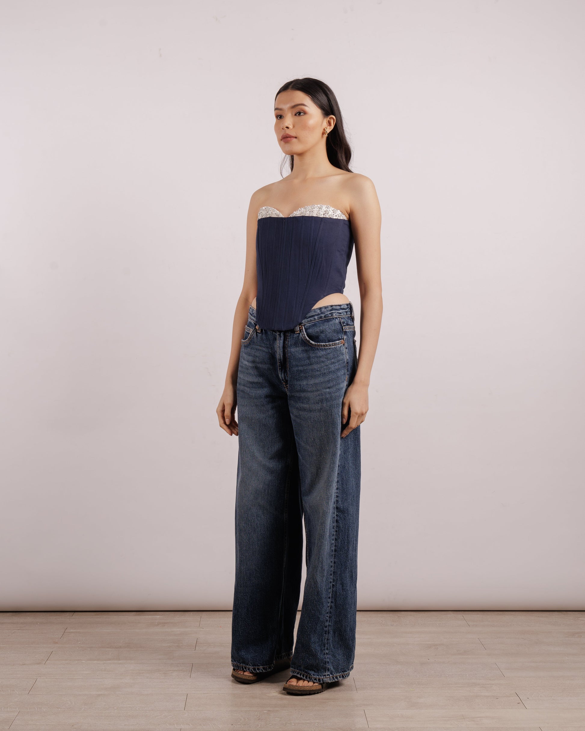 navy blue embroidered corset