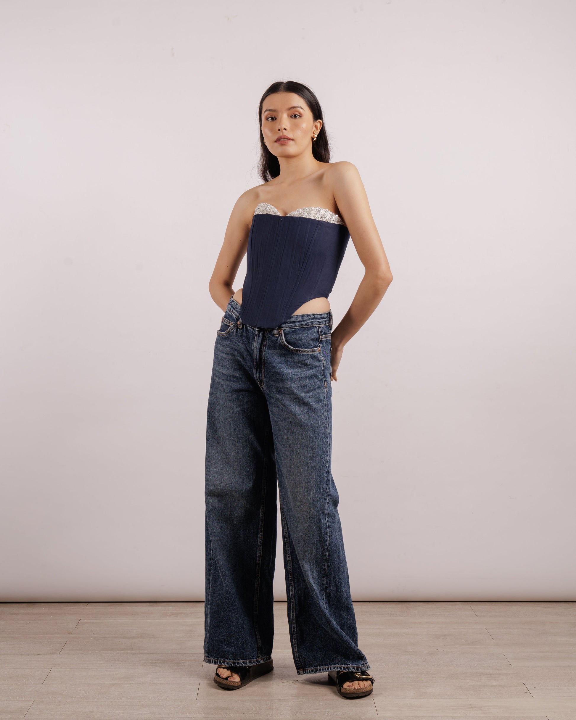 navy blue embroidered corset