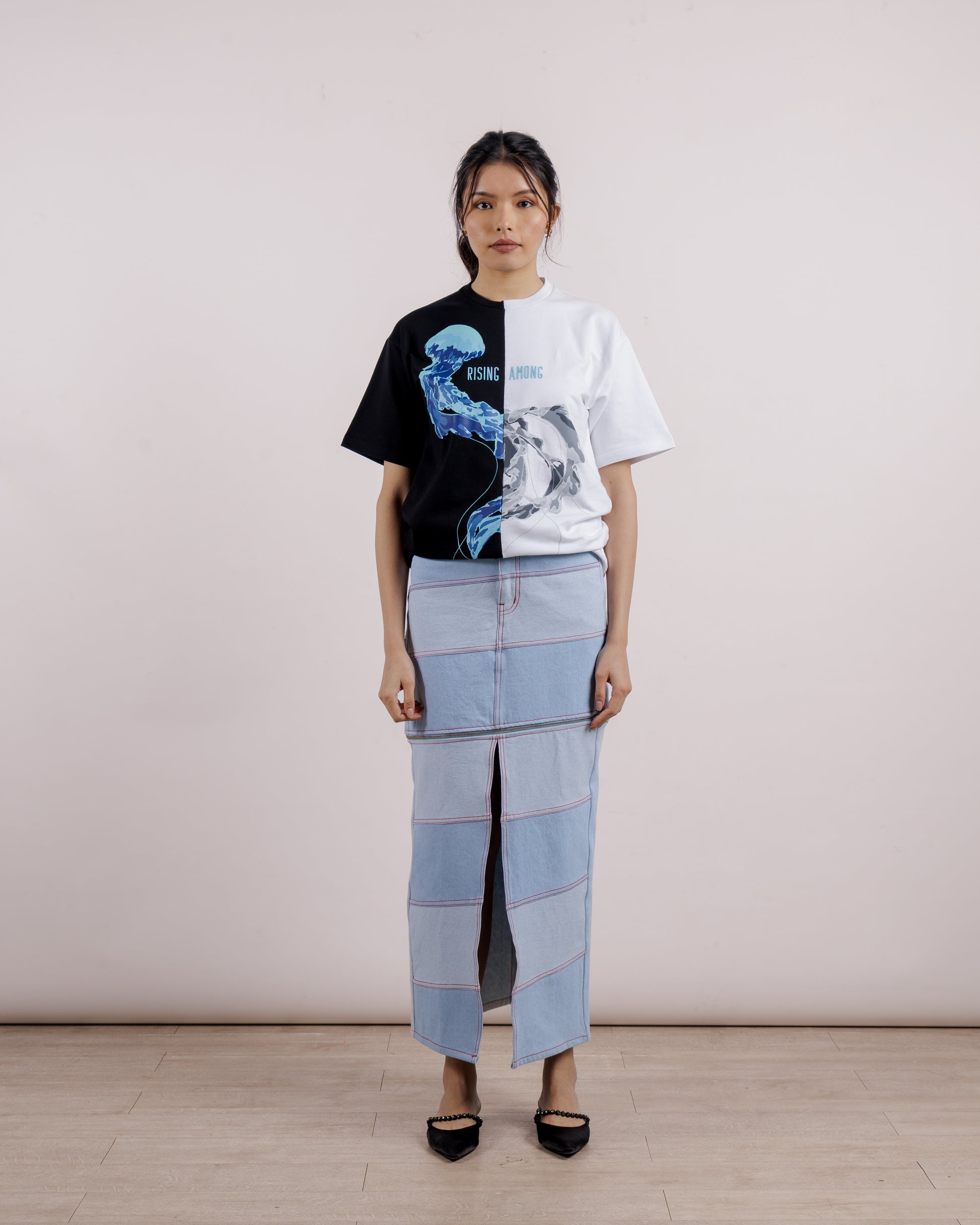 maxi two-tone denim skirt \ Blue