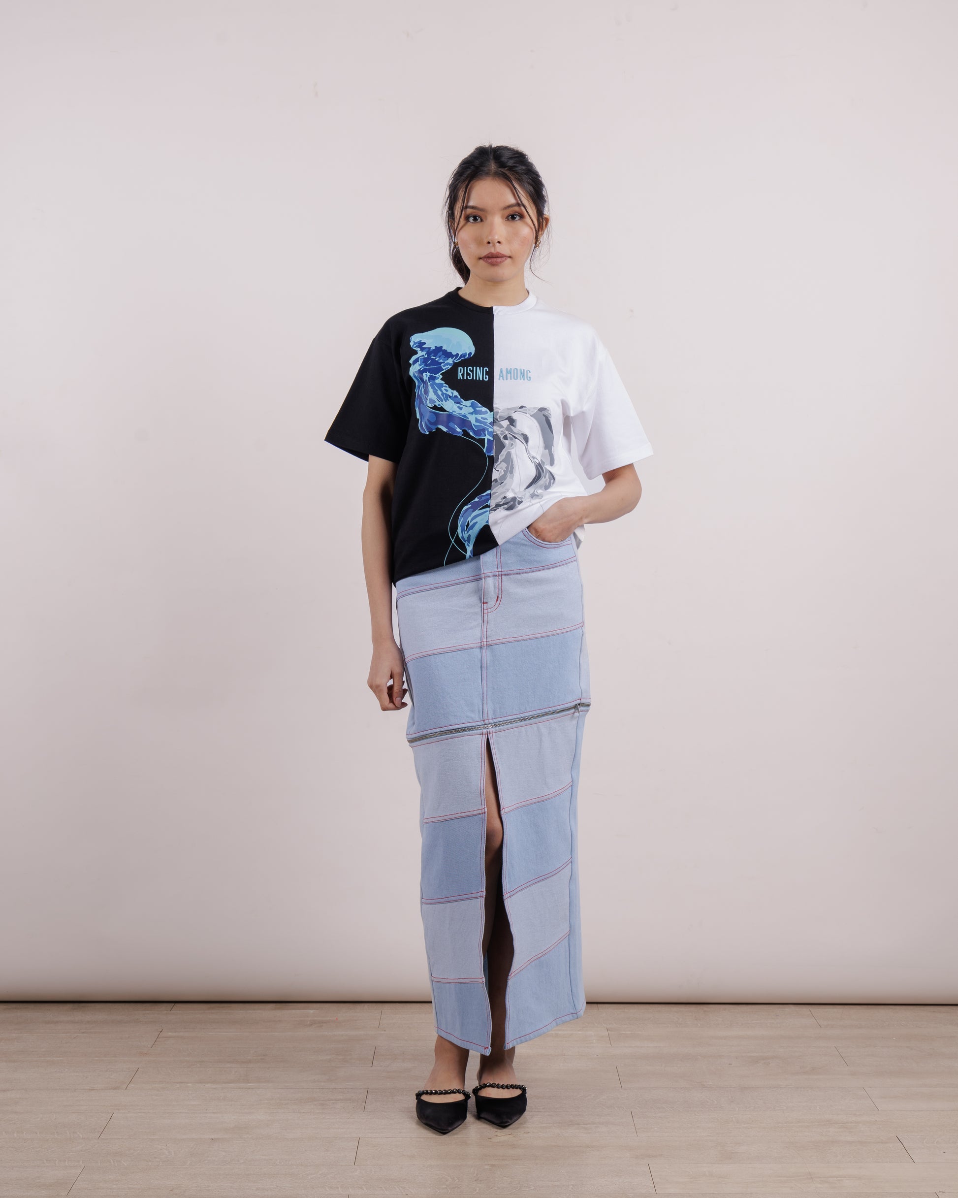 maxi two-tone denim skirt \ Blue