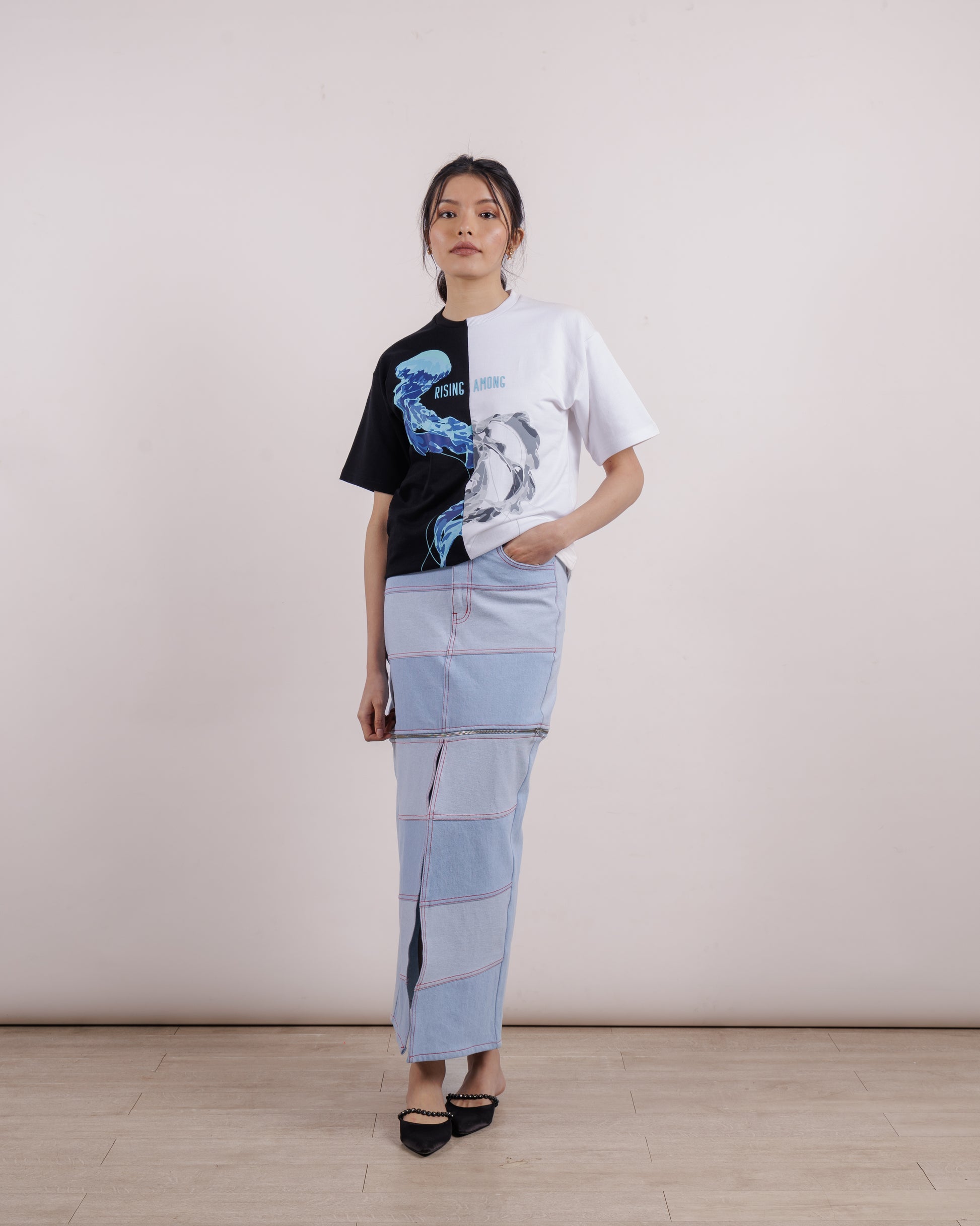 maxi two-tone denim skirt \ Blue