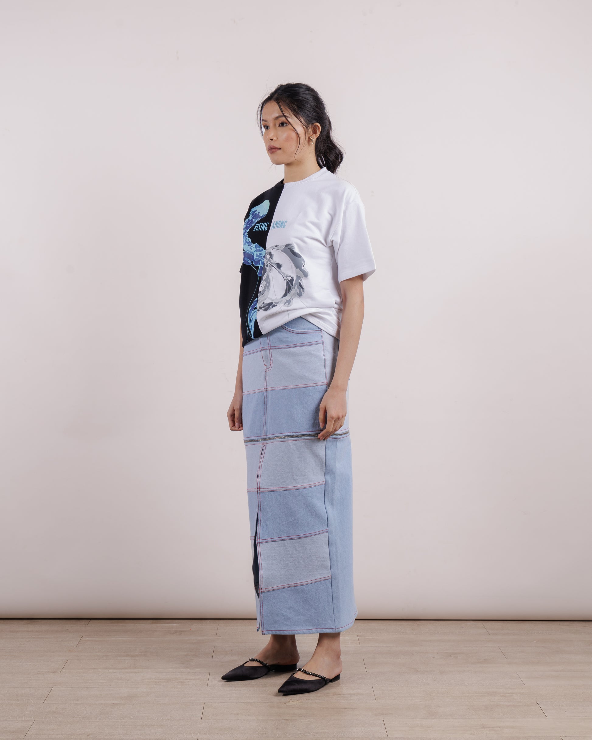 maxi two-tone denim skirt \ Blue