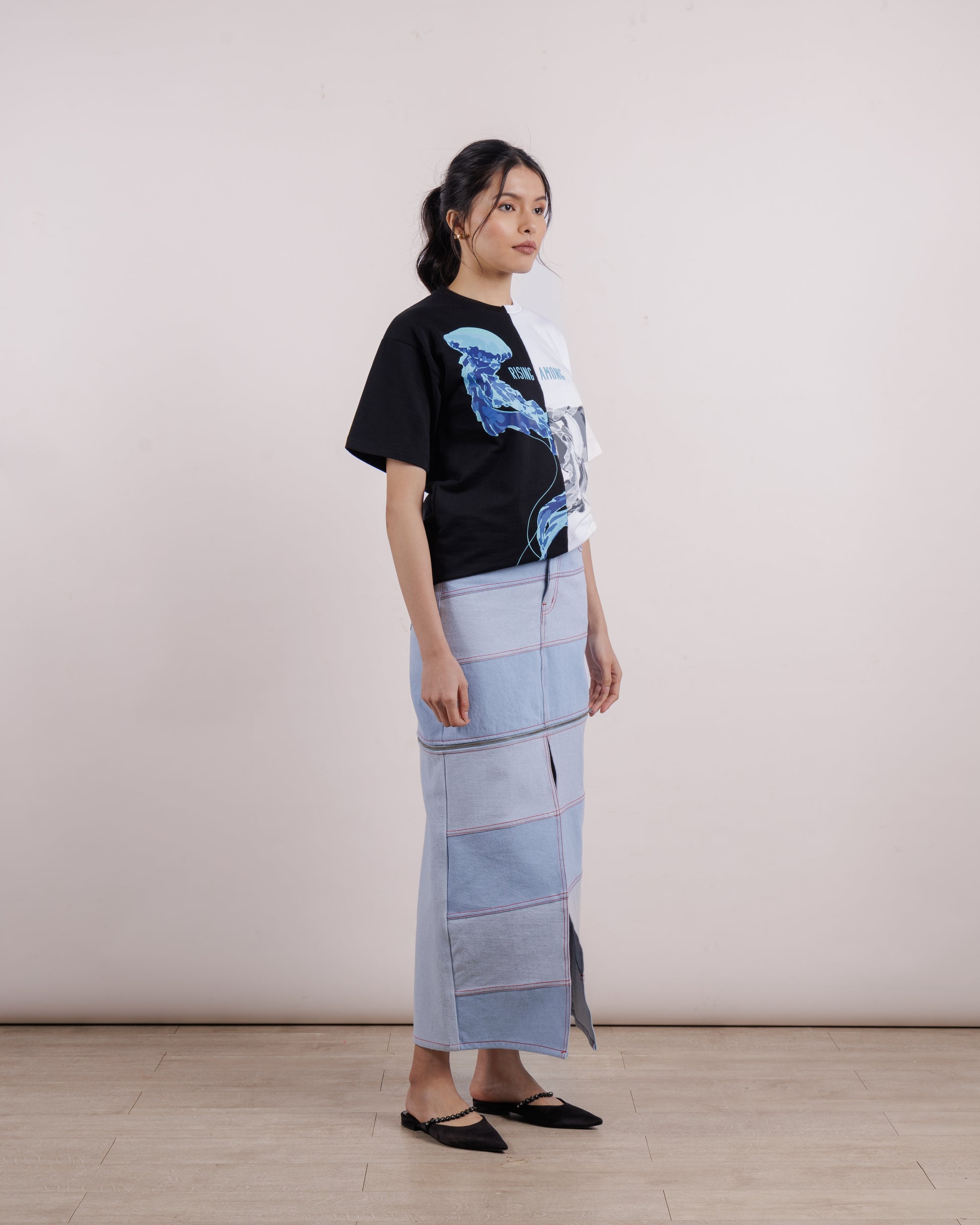maxi two-tone denim skirt \ Blue
