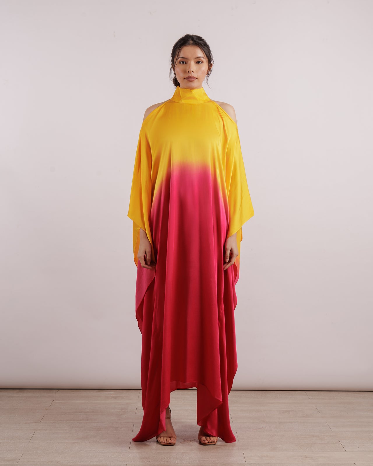 Yellow Leheriya Cold Shoulder Dress | Silk