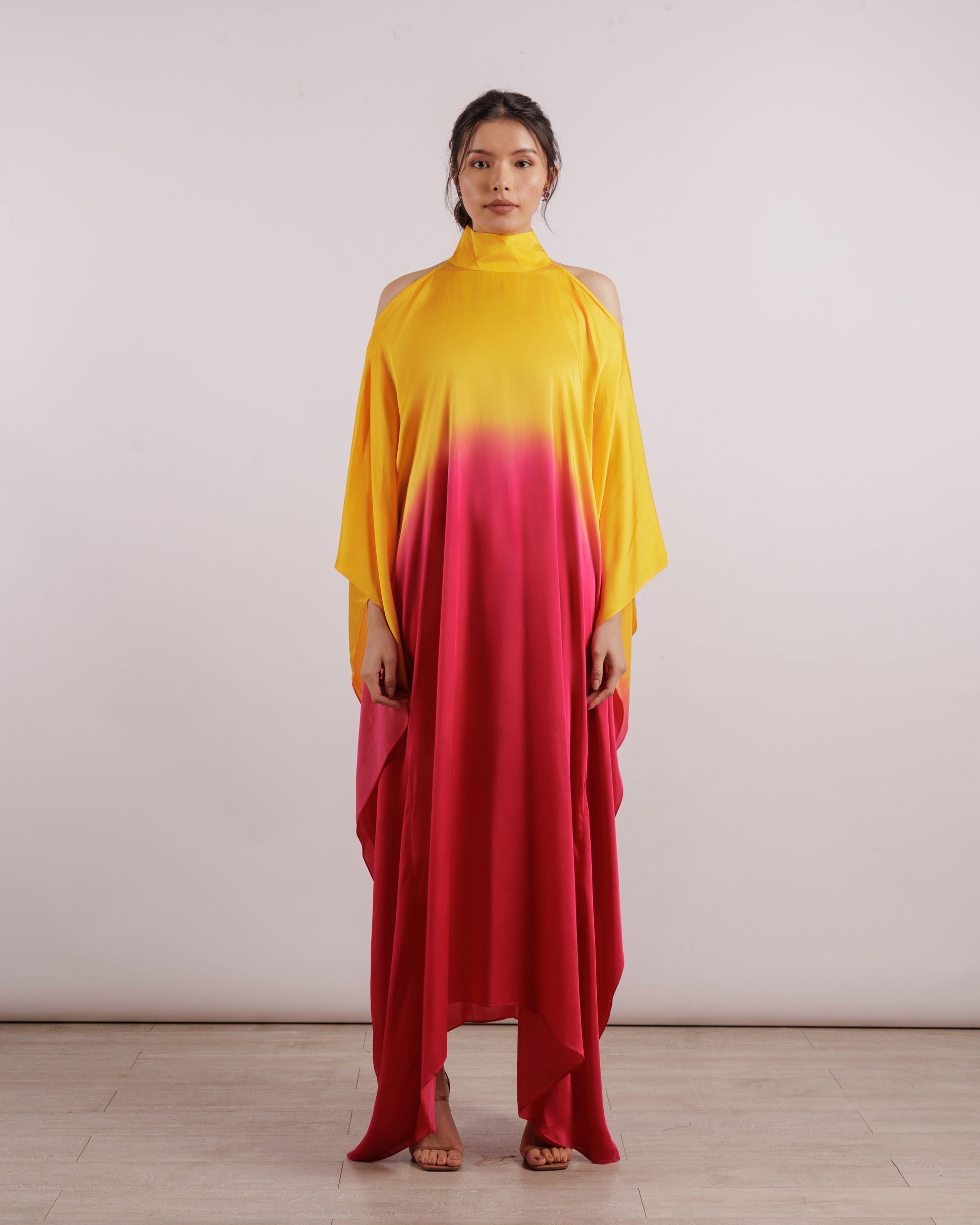 Yellow Leheriya Cold Shoulder Dress | Silk