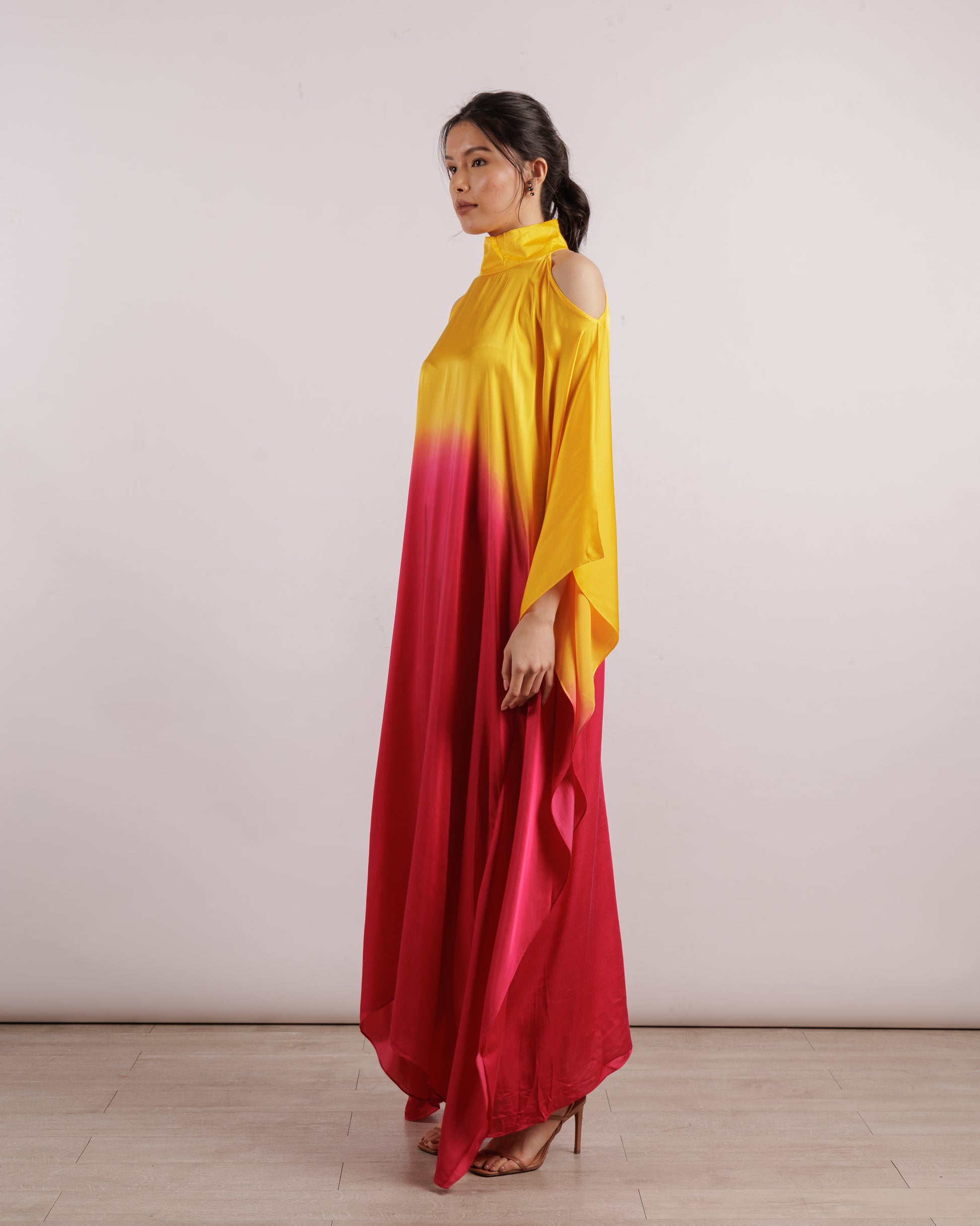Yellow Leheriya Cold Shoulder Dress | Silk