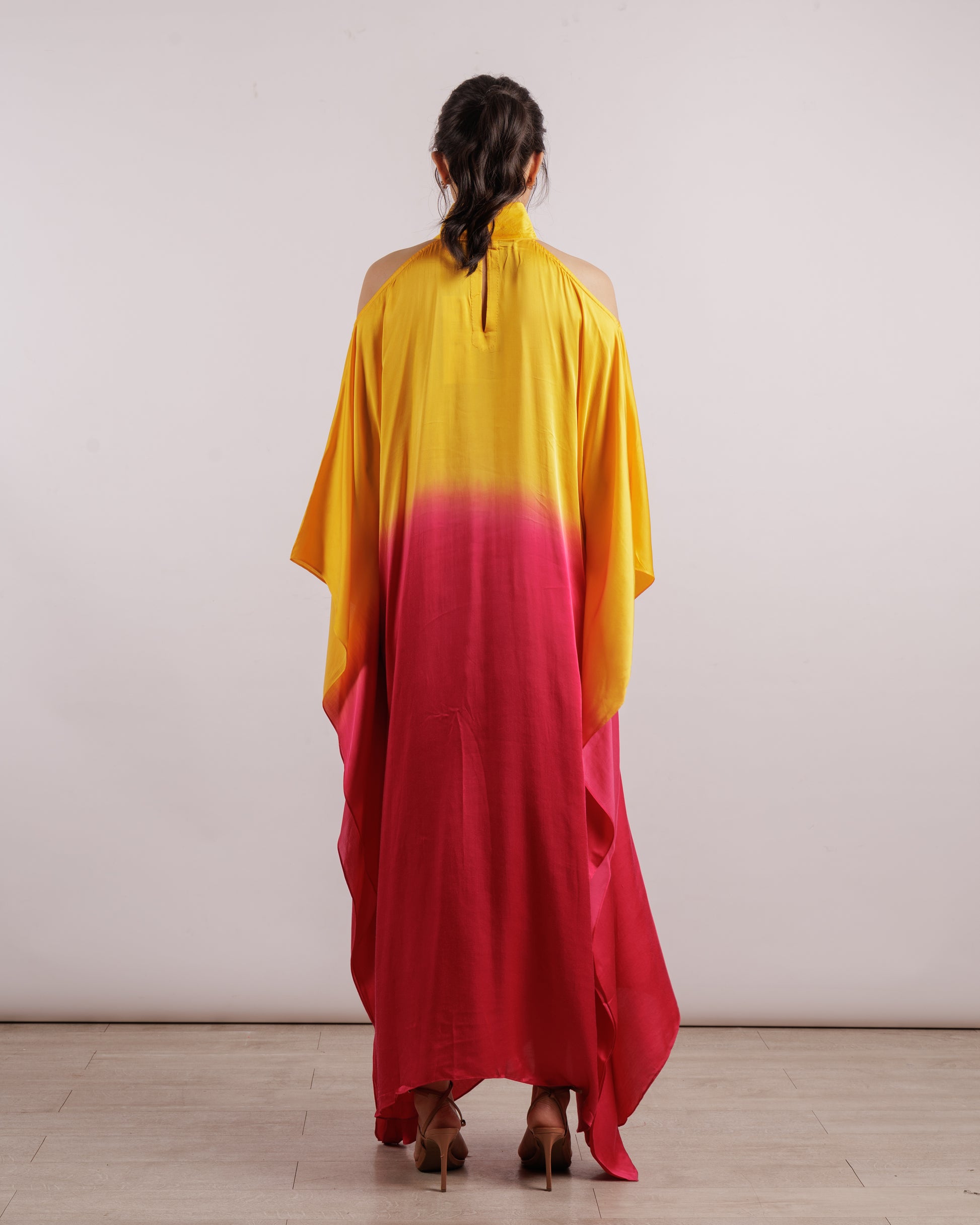 Yellow Leheriya Cold Shoulder Dress | Silk
