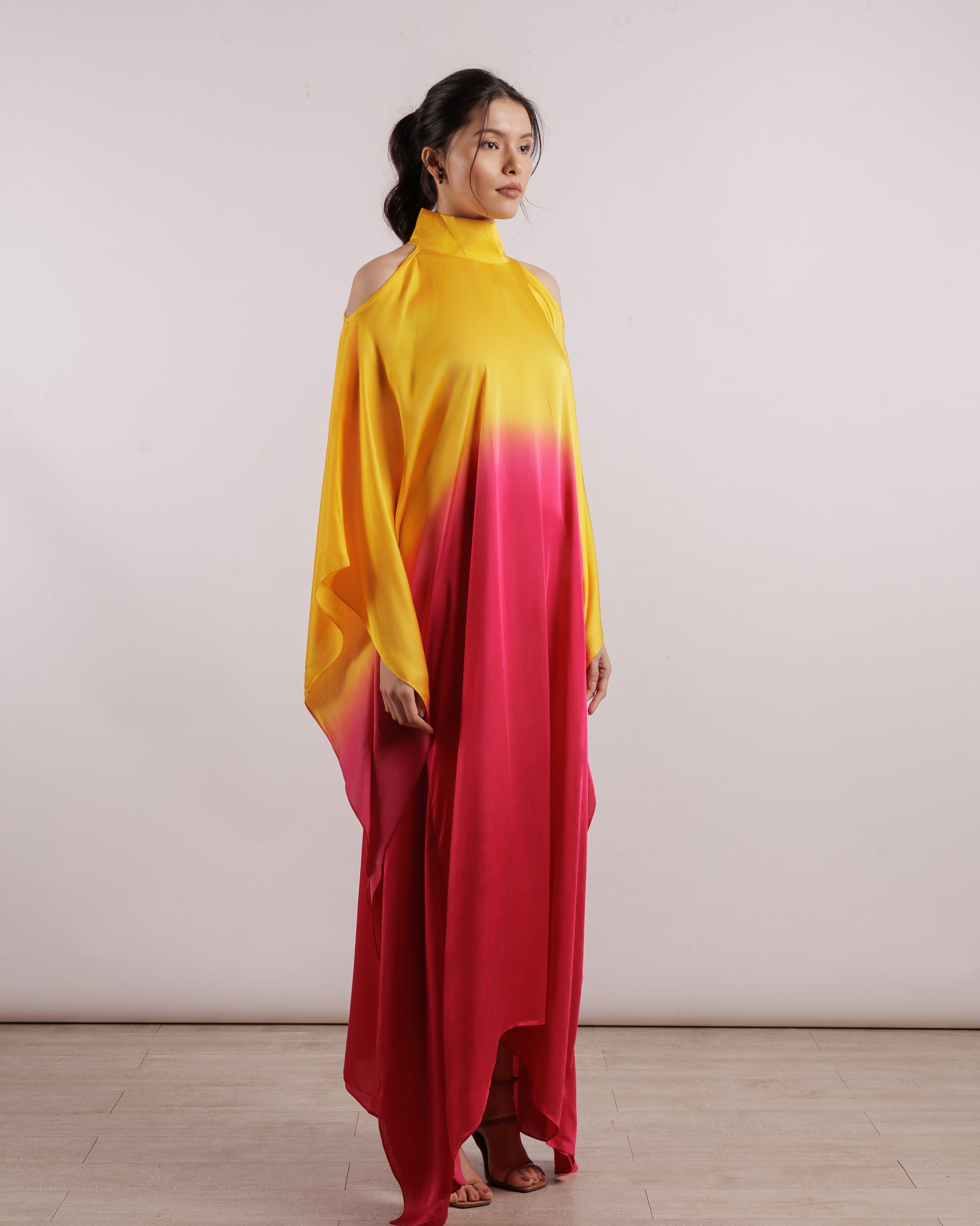 Yellow Leheriya Cold Shoulder Dress | Silk
