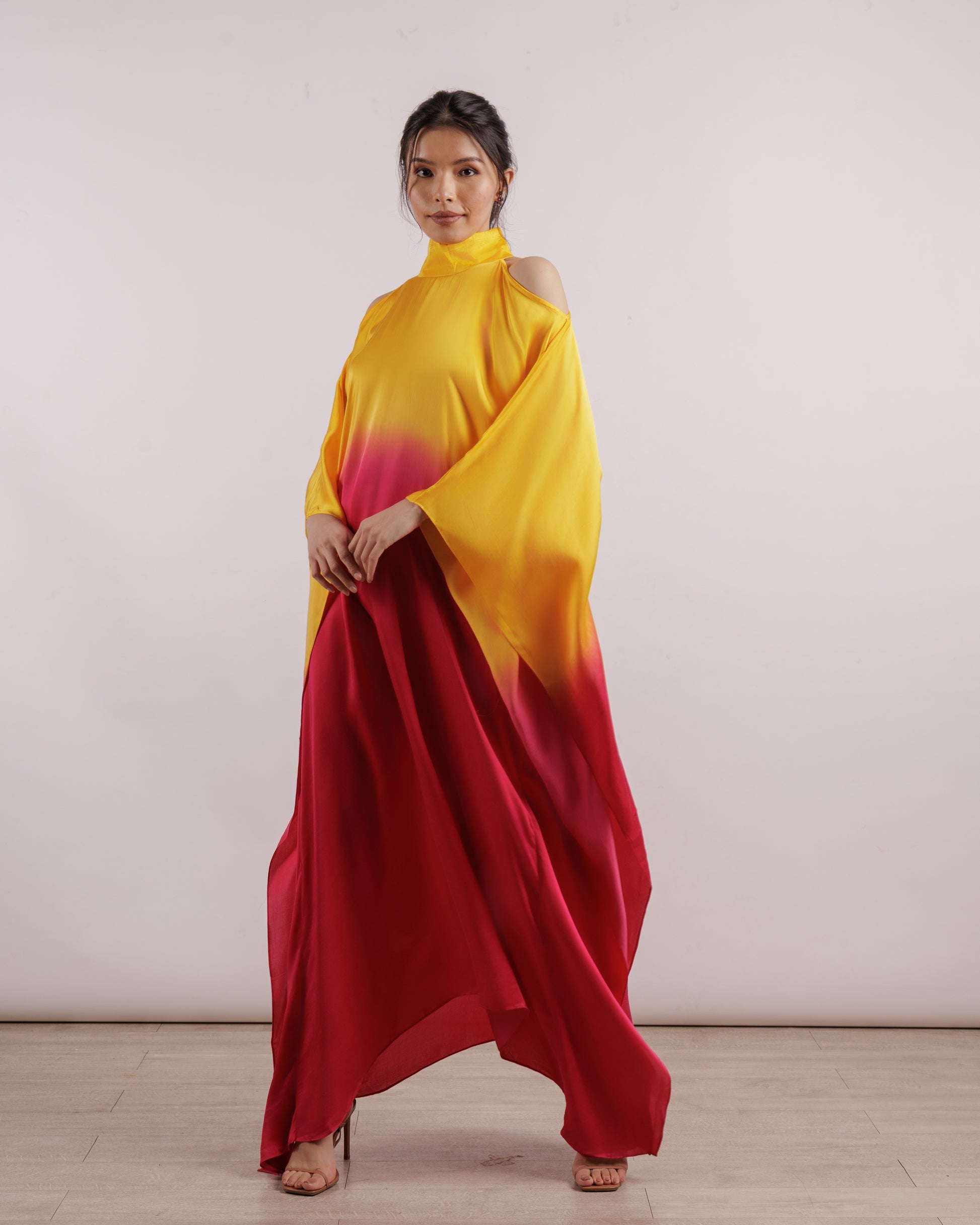 Yellow Leheriya Cold Shoulder Dress | Silk