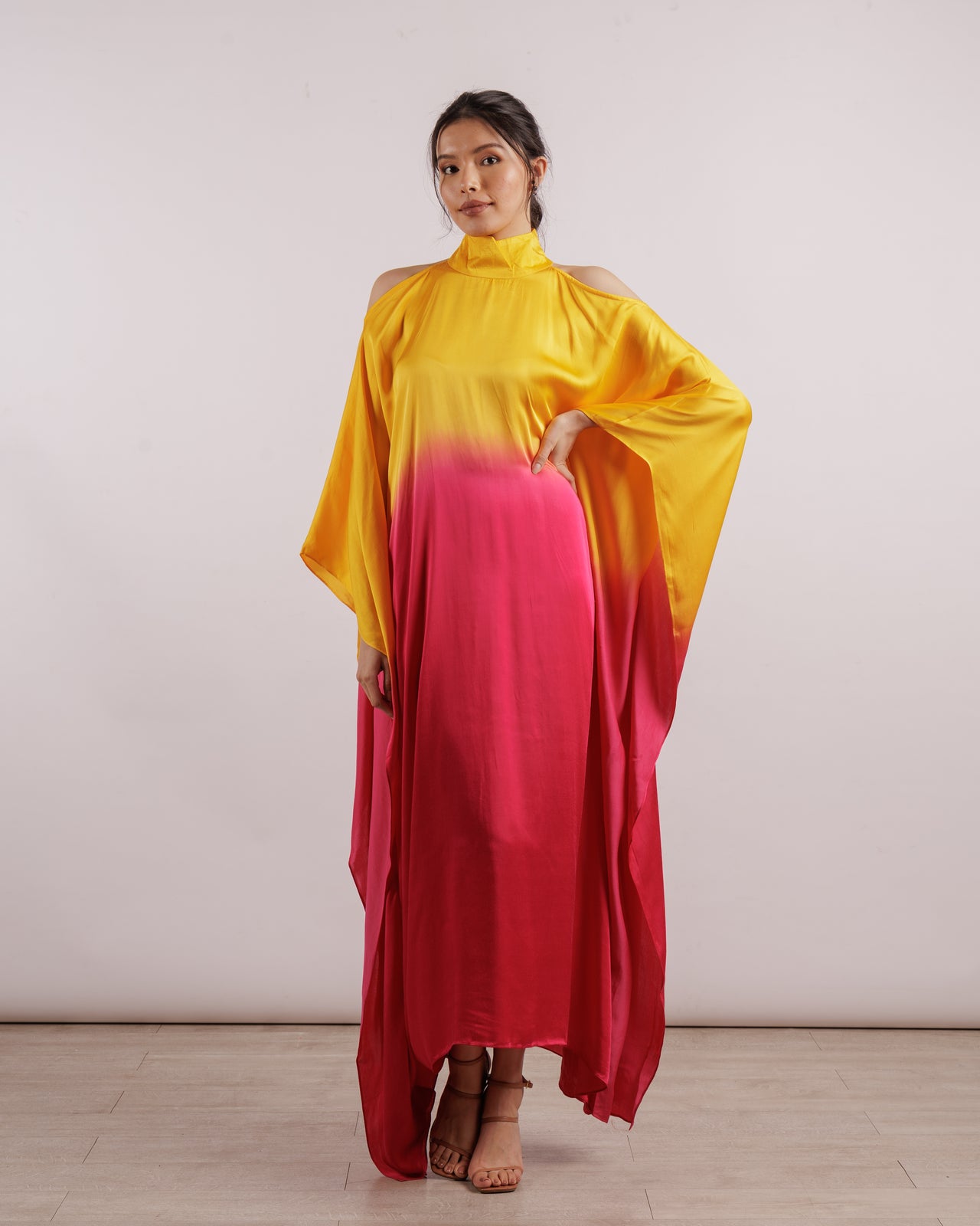 Yellow Leheriya Cold Shoulder Dress | Silk